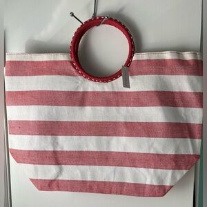NWT CRABTREE & EVELYN Red White Striped Wrapped Circular Handles Beach Tote